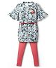 Enfance Core Half Flared Sleeves Floral Printed & Applique Top With Solid Leggings & Belt Set - Tomato