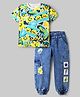 Ollington St. Cotton Half Sleeves Printed T-Shirt & Stretchable Denim Joggers - Multicolor & Indigo