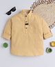 BAATCHEET Cotton Full Sleeves Solid Kurta Style Shirt With Elephant Designed Brooch - Beige
