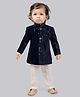 little desi Velvet Full Sleeves Mirror Work Detailed Sherwani Pyjama Set - Navy Blue