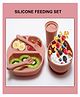 SPARKLE JOY 5 Pcs Silicone Baby Feeding Set, BPA Free & Microwave Safe Dinner Tableware Kit - Feeding Bowl, Suction Plate, Tumbler, Spoon & Fork for Kids, Toddler - Light Pink