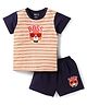 Bodycare Cotton Knit Half Sleeves T-Shirt & Shorts Set With Animal Print - Peach & Navy Blue