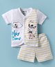 Bodycare Cotton Knit Half Sleeves Front Open T-Shirt & Shorts Set With Zebra Print - Off White