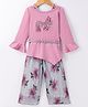 Enfance Full Bell Sleeves Regency Text Embroidered Floral Applique Detailed & Printed Top & Palazzo With Belt Set - Pink