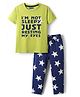 Pine Kids Single Jersey Knit Half Sleeves Night Suit with Text & Star Print - Navy Blue & Limegreen
