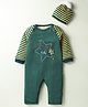 Yellow Apple Knit Full Raglan Sleeves Striped Winter Romper with Cap & Text Embroidery - Green