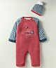 Yellow Apple Knit Full Raglan Sleeves Striped Winter Romper with Cap & Text Embroidery - Red