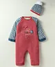 Yellow Apple Knit Full Raglan Sleeves Striped Winter Romper with Cap & Text Embroidery - Red