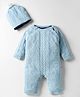 Yellow Apple Knit Full Sleeves Winter Romper With Cap & Cable Knit Design - Light Blue
