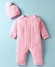 Yellow Apple Knit Full Sleeves Winter Romper With Cap & Cable Knit Design - Pink