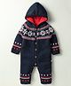 Yellow Apple Knit Full Sleeves Front Open Hooded Winter Wear Romper with Design - Navy Blue