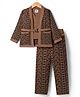 Yellow Apple Knit Full Sleeves Printed Winter Jacket & Pant Set With Inner Tee - Brown