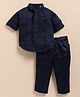 LITTLE COLLARS Blended Full Sleeves Checked Shirt & Trouser With Tie Set - Navy Blue