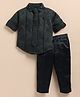 LITTLE COLLARS Blended Full Sleeves Checked Shirt & Trouser With Tie Set - Olive Green