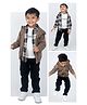 LITTLE COLLARS Cotton Blend Checked Shirt & Jeans With Inner Tee & Full Sleeves Hooded Jacket Set - Khaki