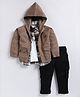LITTLE COLLARS Cotton Blend Checked Shirt & Jeans With Inner Tee & Full Sleeves Hooded Jacket Set - Khaki