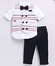 LITTLE COLLARS Jacquard Full Sleeves Striped 3 Piece Party Suit With Bow Set - White