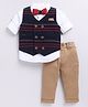 LITTLE COLLARS Jacquard Full Sleeves Striped 3 Piece Party Suit With Bow Set - Navy Blue