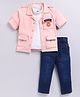 LITTLE COLLARS Full Sleeves Enjoy Text Patch Embroidered Jacket With Solid Tee & Jeans Set - Pink