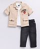 LITTLE COLLARS Solid Tee & Jeans With Full Sleeves Enjoy Text Patch Embroidered Jacket Set - Beige