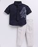 LITTLE COLLARS Blended Full Sleeves Checked & Dog Printed Shirt & Trouser With Tie Set - Navy Blue