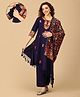 The Mom Store Wool Three Fourth Sleeves Floral Printed Maternity Kurta With Nursing Access & Salwar With Dupatta Set - Navy Blue