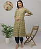 The Mom Store Cotton Three Fourth Sleeves Floral Printed & Striped Maternity Kurta With Nursing Access & Pant Set - Olive Green