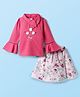 Enfance  Full Bell Sleeves Flowers Embroidery  Top With  Printed Flared Knee Length Skirt - Dark Pink