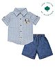 My Milestones Cotton Half Sleeves Checked & Bear Patch Embroidered Shirt & Denim Shorts Set - Blue