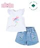 My Milestones Cotton Frill Sleeves Butterfly & Floral Printed Top & Denim Shorts With Headband Set - White & Blue
