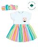 My Milestones 100% Cotton Short Sleeves Striped & Floral Embroidered Dress With Headband Set - Multi Colour