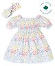 My Milestones 100% Cotton Half Puffed Sleeves Floral Printed Smocked Dress With Headband Set - Multi Colour
