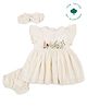 My Milestones Cotton Cap Sleeves Floral Embroidered Dress With Bloomer & Headband Set - Beige