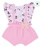 My Milestones Cotton Woven Bow Applique Detailed Dungaree & Frill Sleeves Floral Printed Top - White & Pink