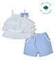 My Milestones Cotton Sleeveless Bow Applique Detailed Schiffli Embroidered Layered Top & Shorts Set - White & Blue