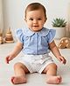 My Milestones Pure Cotton Flutter Sleeves Lace Detailed Abstract Embroidered Top & Shorts Set - Blue & White