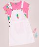 Pantaloons Junior Cotton Vegetable Applique Detailed Dungaree With Half Sleeves Tee Set - White & Pink