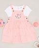 Pantaloons Baby Cotton Checked & Floral Embroidered Layered Dungaree With Half Sleeves Tee - Snow White & Pink