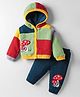 Yellow Apple Knit Full Sleeves Colour Block Front Open Hooded Sweater Set With Mushroom Embroidery - Multi Colour