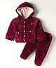 Yellow Apple Knitted Full Sleeves Front Open Hooded Solid Sweater Set - Maroon