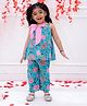KID1 Cotton Sleeveless Floral Printed Bow Applique Top With Coordinating Pant Set - Turquoise