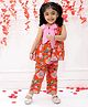 KID1 Cotton Sleeveless Floral Printed Bow Applique Top With Coordinating Pant Set - Orange