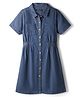 Pine Kids Cotton Woven Half Sleeves Collar Neck Shirt Style Solid Dress with Cinched Waist - Mid Blue