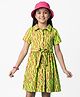 Pine Kids 100% Cotton Half Sleeves Text Printed Shirt Dress With Collar Neck & Belt - Green