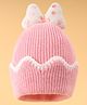 Babyhug Woollen Cap With Bow Applique Pink & White - Diameter 12 cm