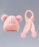 Babyhug Pom Pom Woollen Cap with Muffler & Cable Knit Design Pink - Diameter 11.5 cm