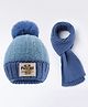 Babyhug Pom Pom Woollen Cap with Muffler & Bear Applique Blue - Diameter 11.5 m