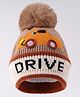 Babyhug Woollen Cap with Vehicle Design & Pom Pom Applique Brown - Diameter 13.5 cm