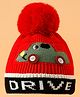 Babyhug Woollen Cap with Vehicle Design & Pom Pom Applique Red - Diameter 14 cm