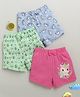 BUMZEE Cotton Pack Of 3 Unicorns & Floral Printed Bow Applique Detailed Shorts - Green & Pink